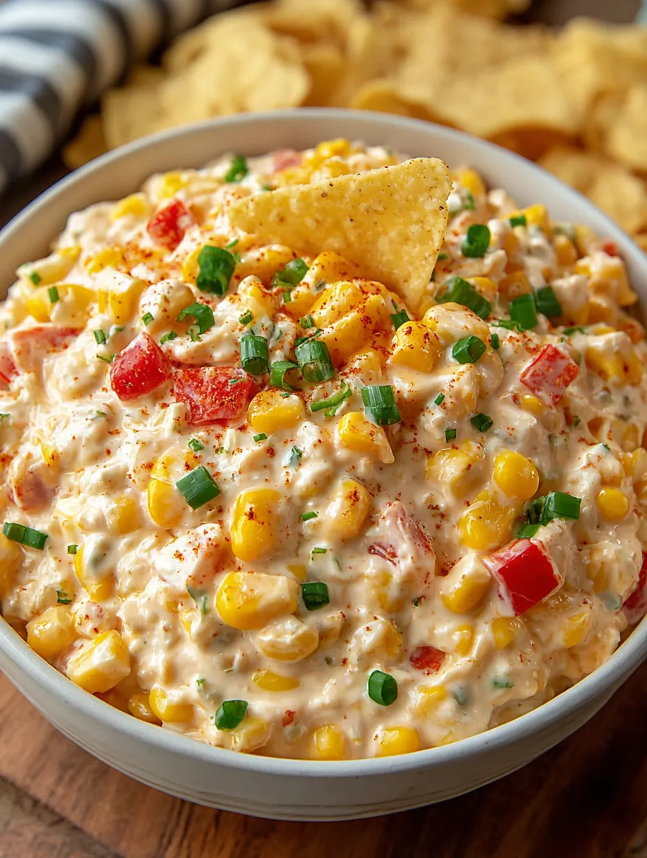 A bowl of corn dip with chips on top.