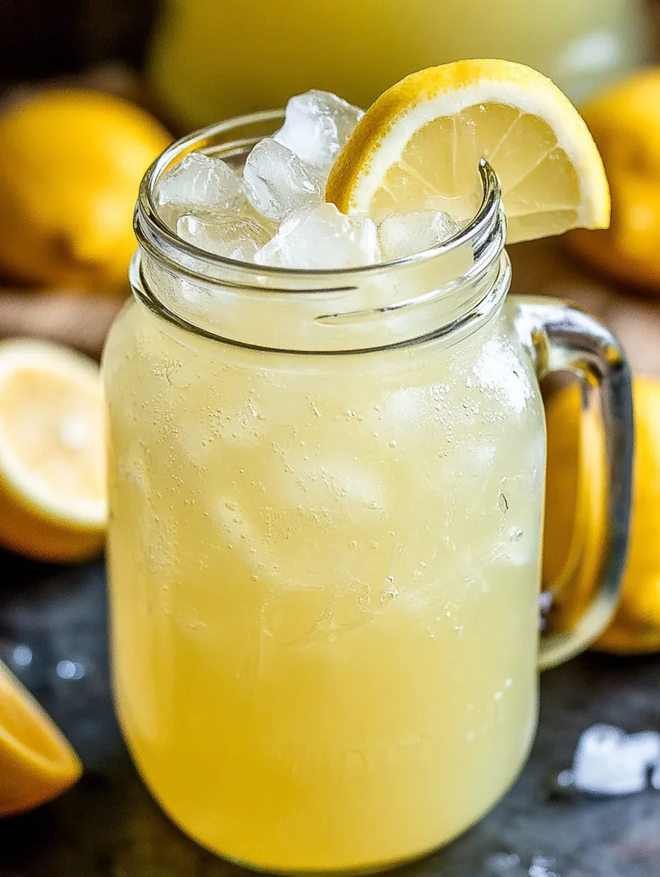 A glass of lemonade with lemon slices in it.