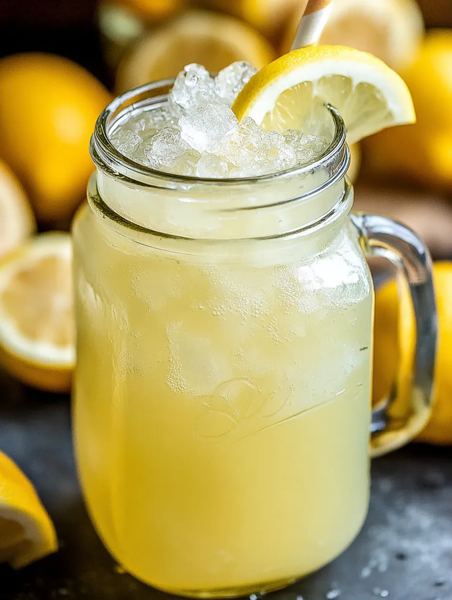 A glass of lemonade with lemon slices in it.