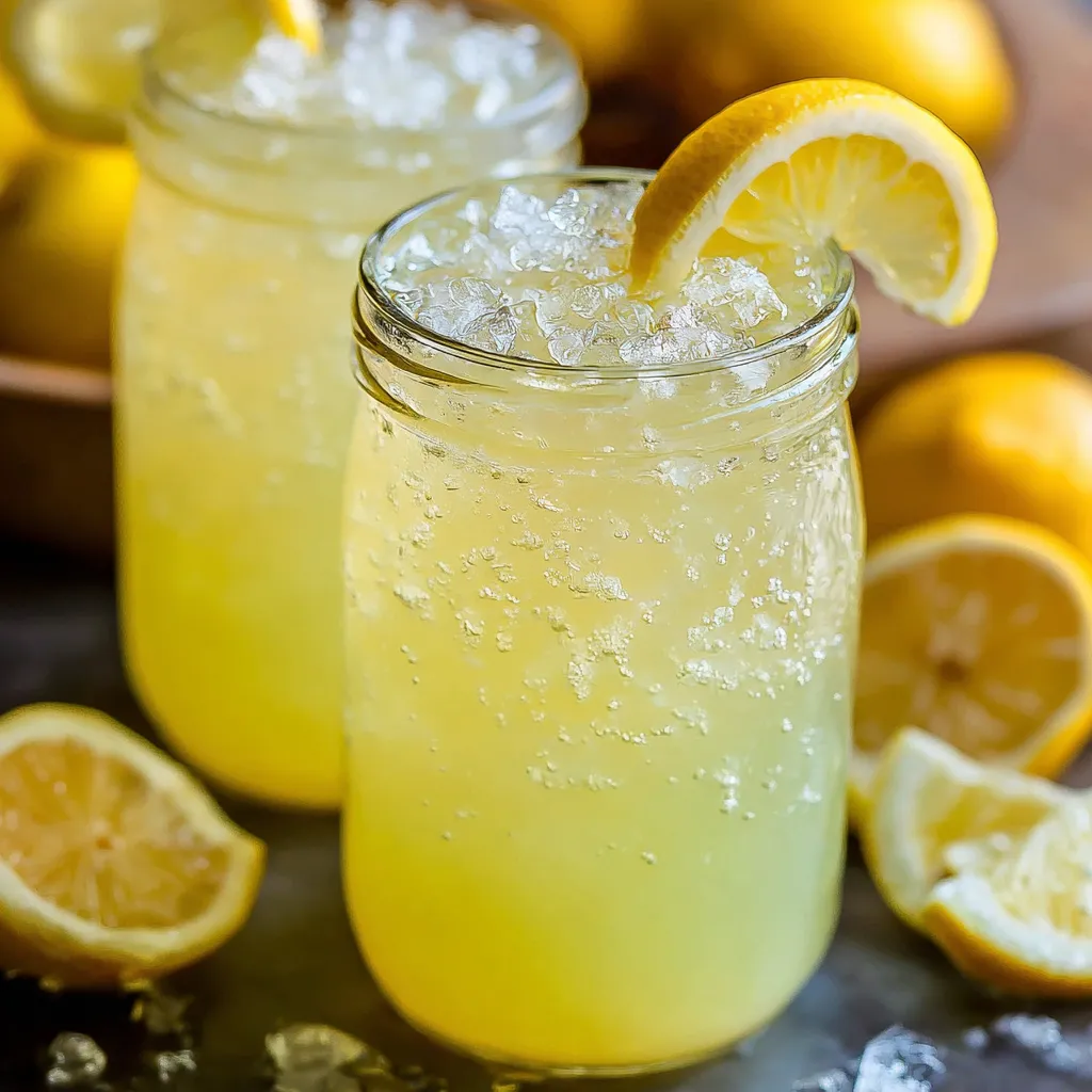 Two glasses of lemonade with lemon slices in them.