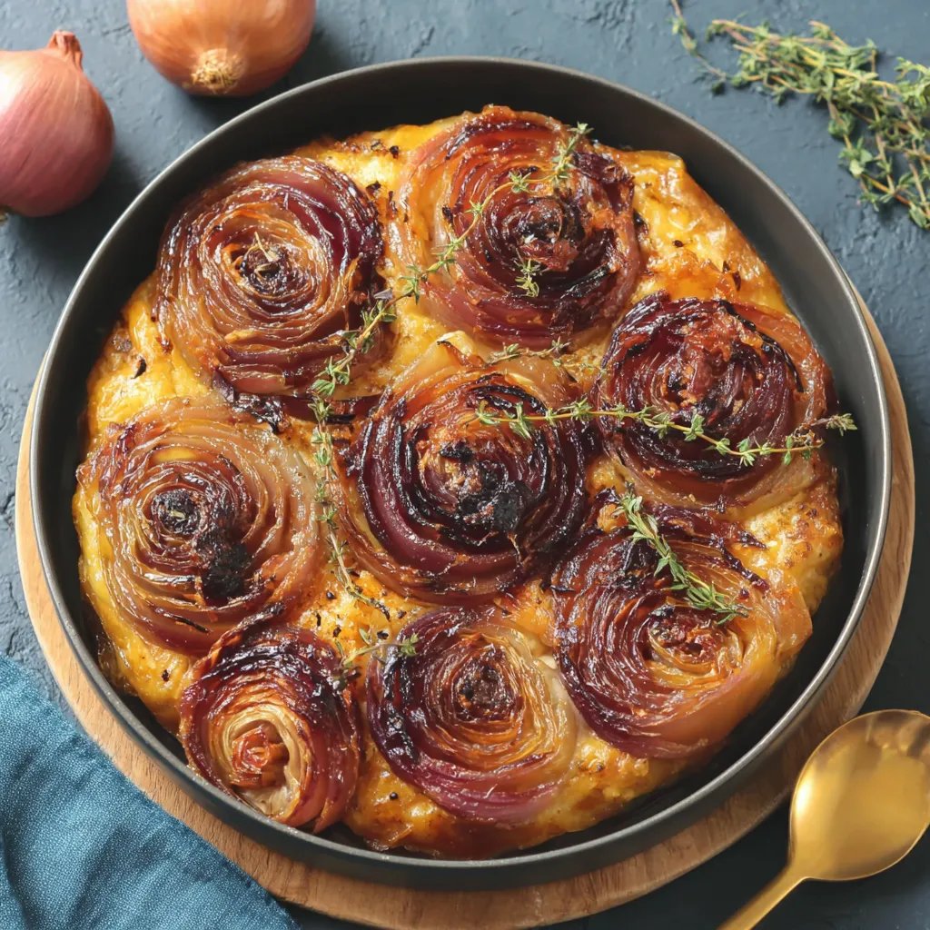A delicious looking onion tarte tatin with puff pastry.