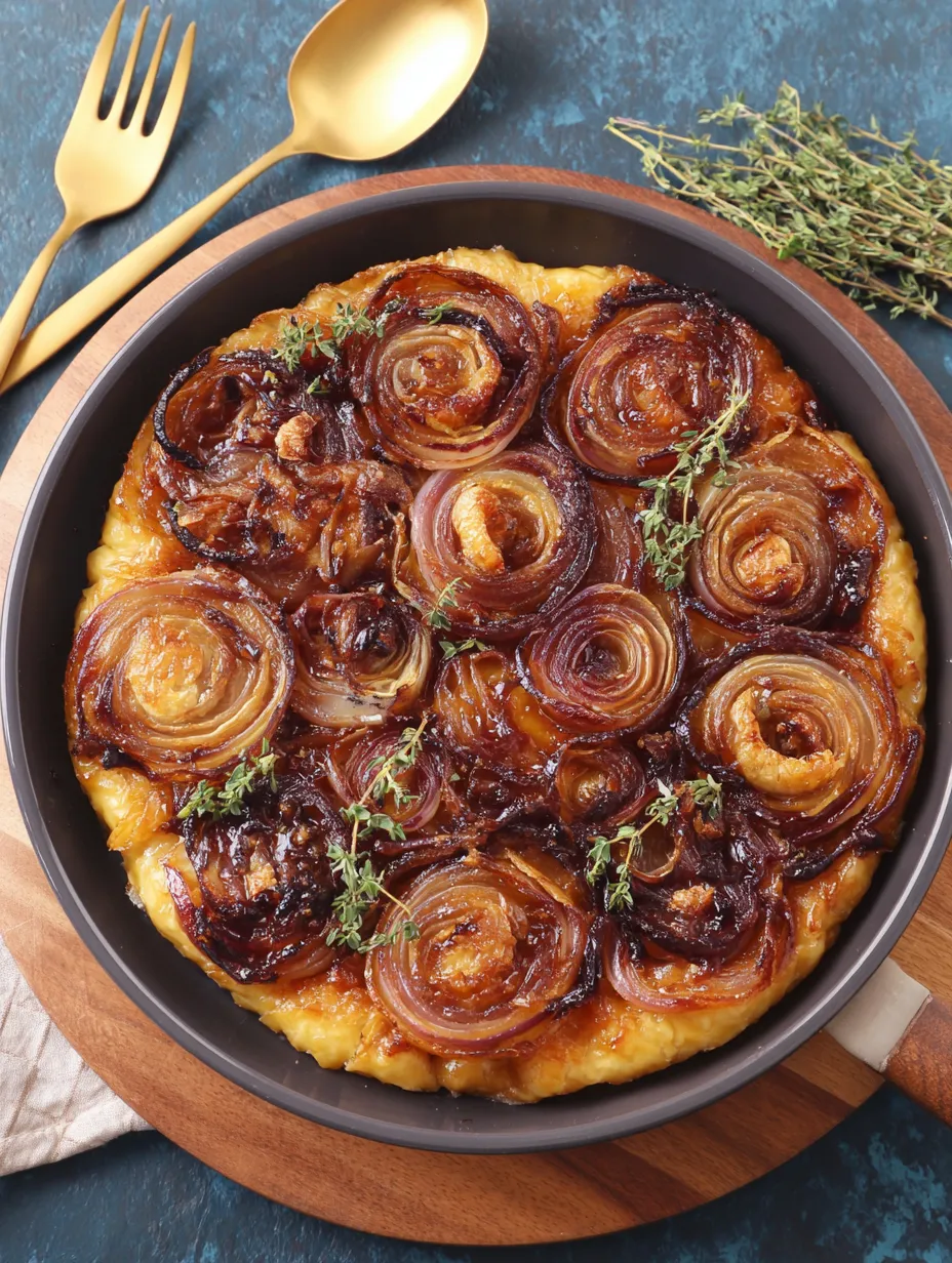 A delicious looking onion tart in a pan.