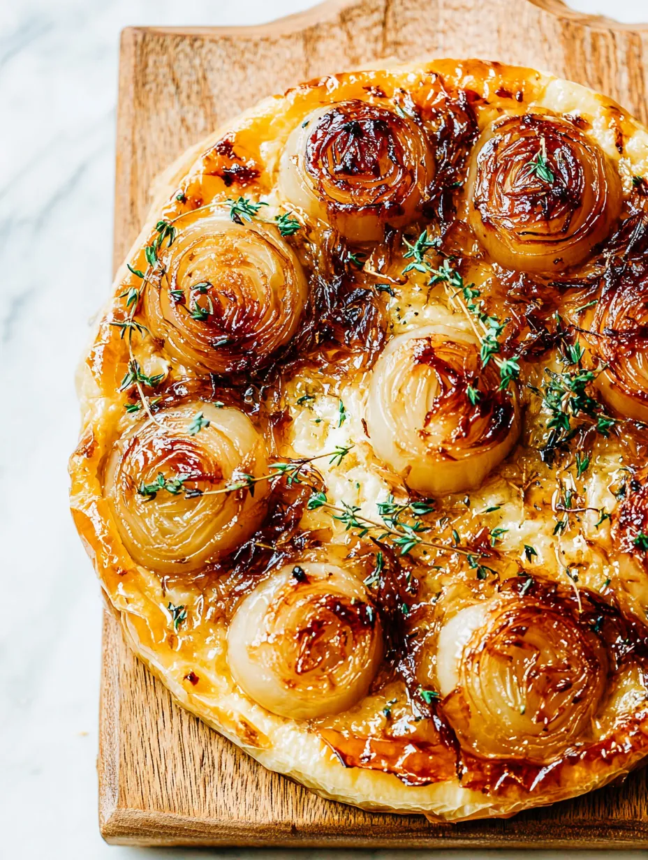 A delicious looking onion tarte tatin with puff pastry.