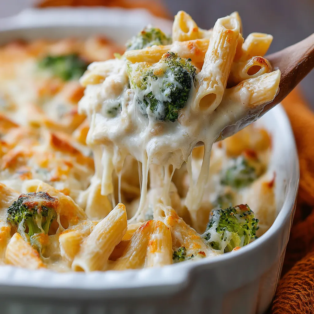 A bowl of cottage cheese alfredo casserole with broccoli.