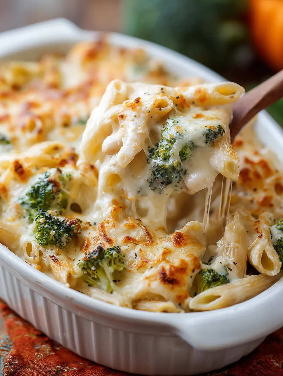 A bowl of cottage cheese alfredo casserole with broccoli.