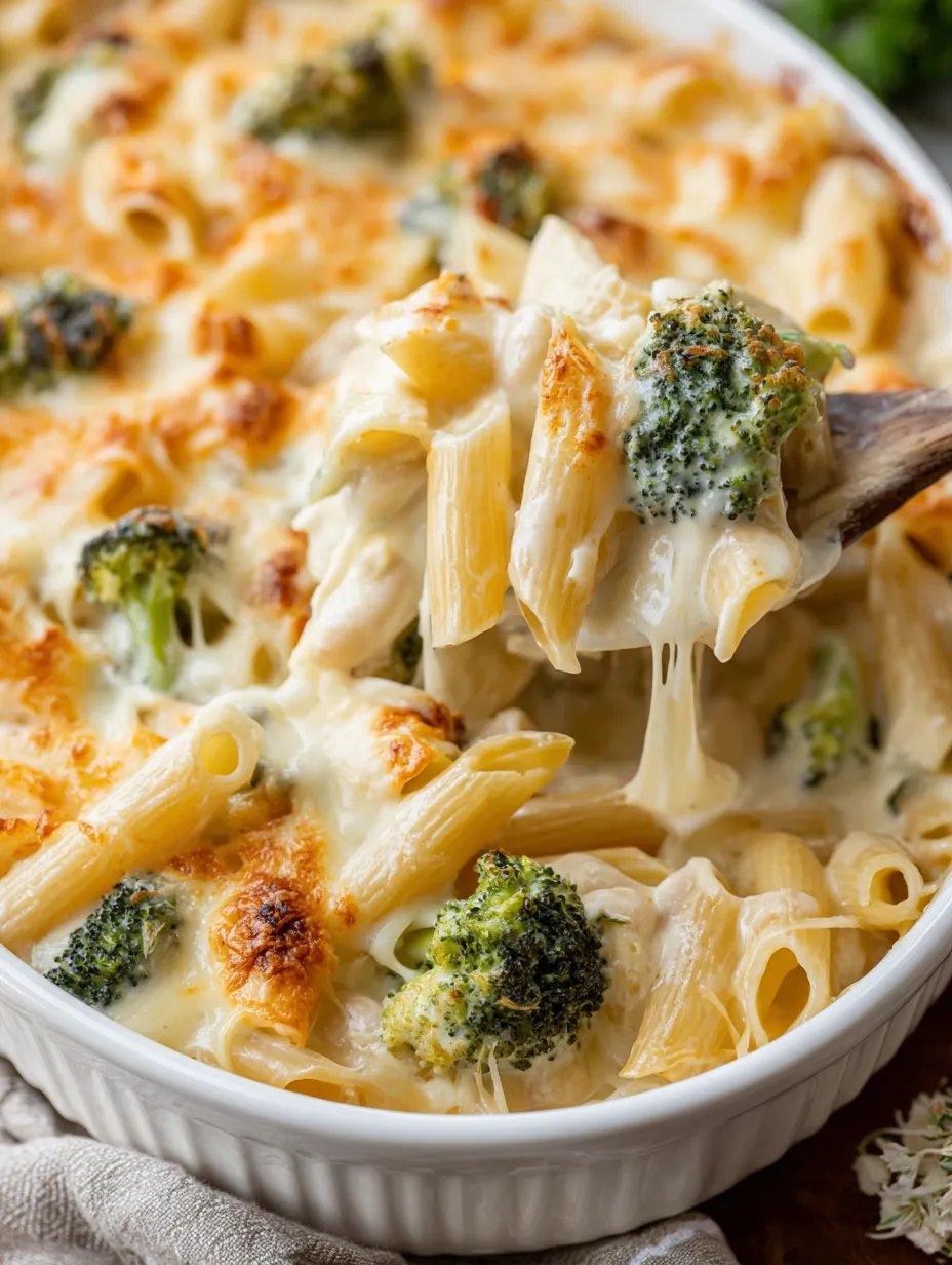 A bowl of cottage cheese alfredo casserole with broccoli.