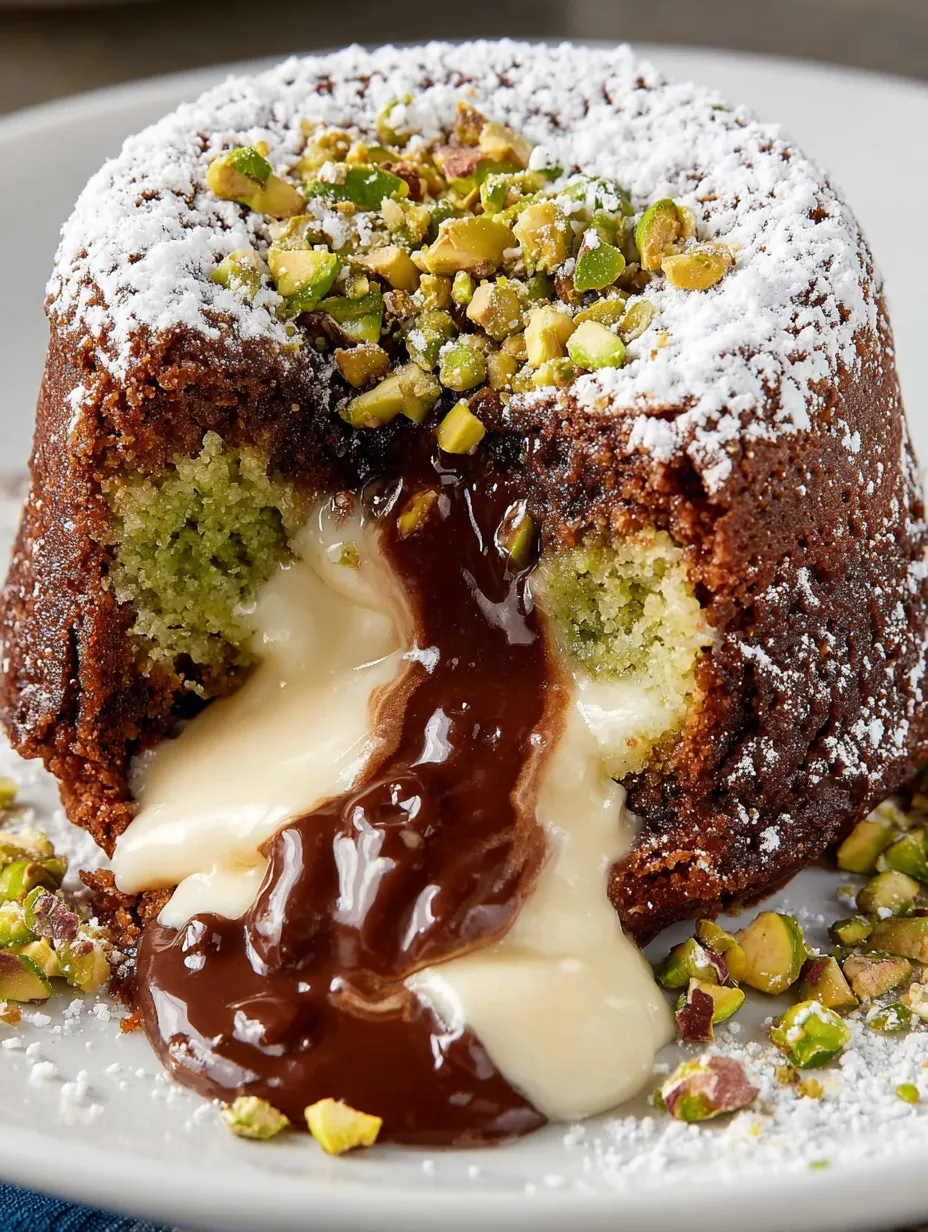A close up of a chocolate lava cake with pistachio topping.