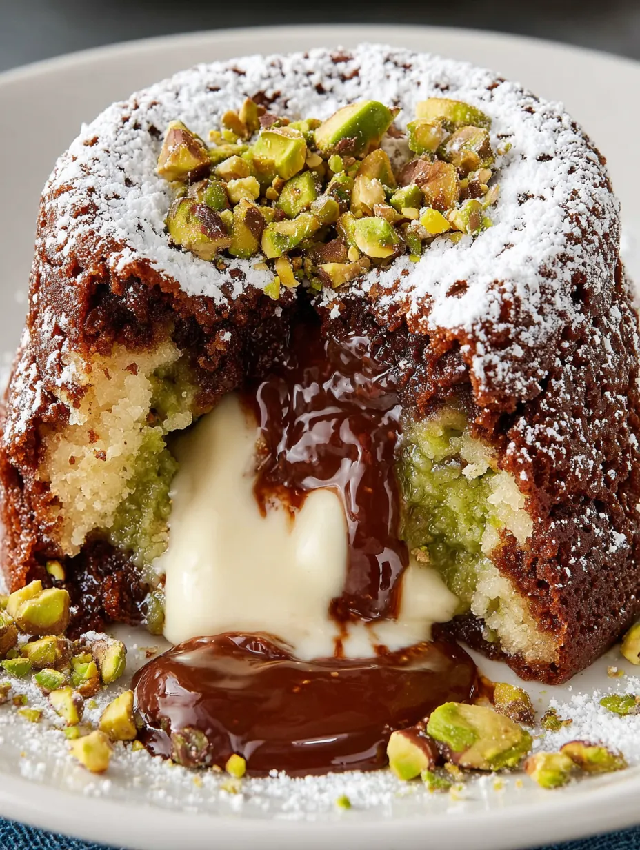 A close up of a pistachio chocolate lava cake.