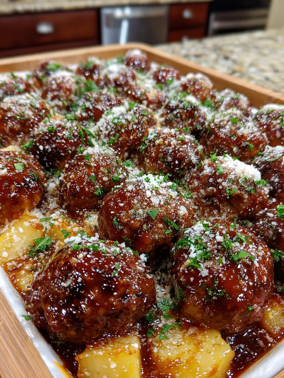A dish of meatballs with potatoes and cheese.