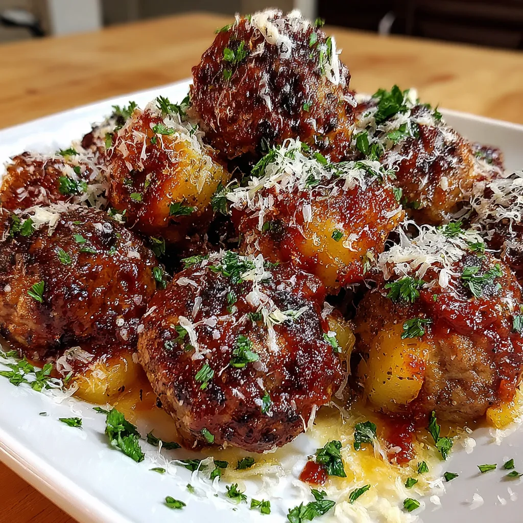 A plate of meatballs with potatoes and cheese.