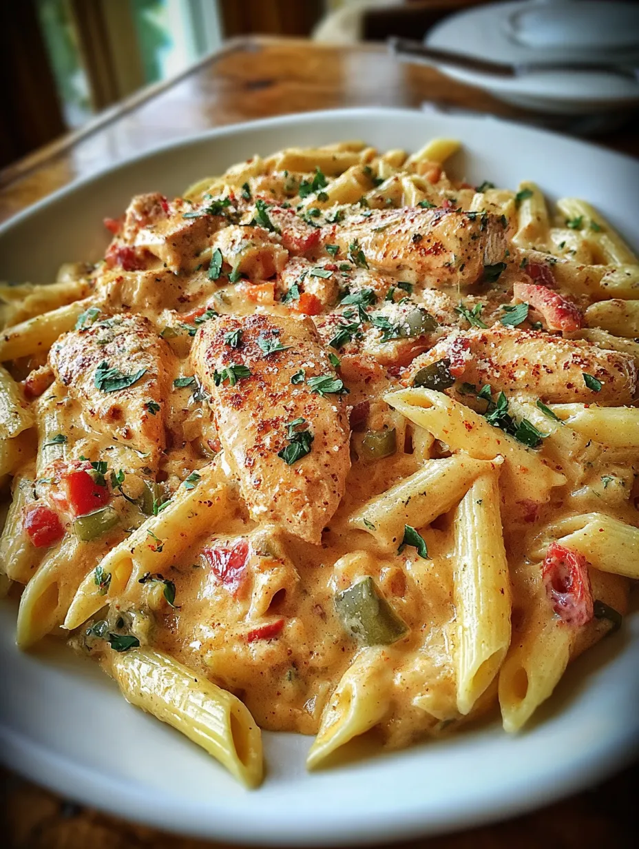 A plate of pasta with chicken and cheese.