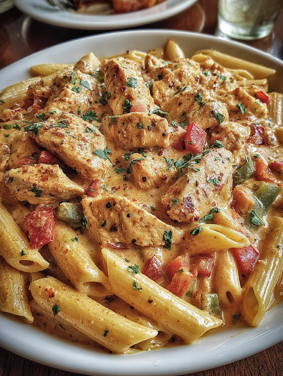 A plate of pasta with chicken and tomatoes.