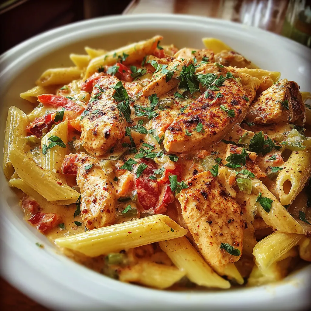 A plate of pasta with chicken and tomatoes.