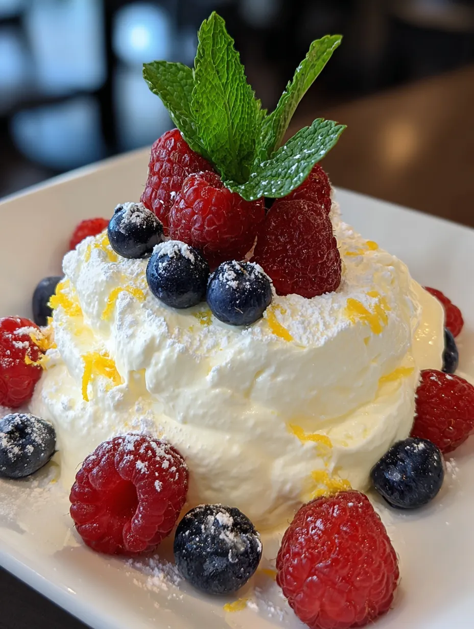 A vanilla ricotta dessert with blueberries and raspberries on top.