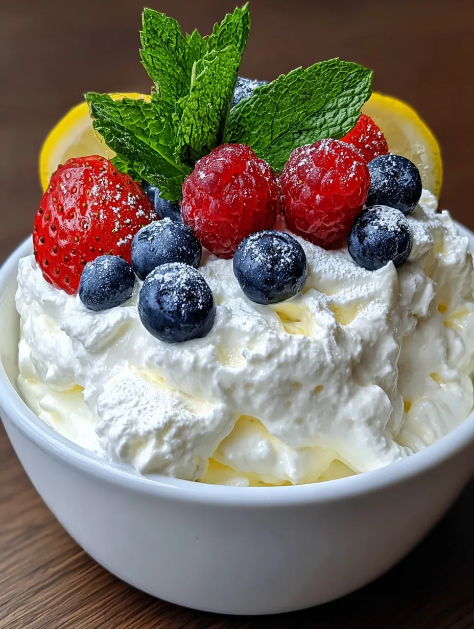 A bowl of vanilla ricotta dessert with blueberries and strawberries.
