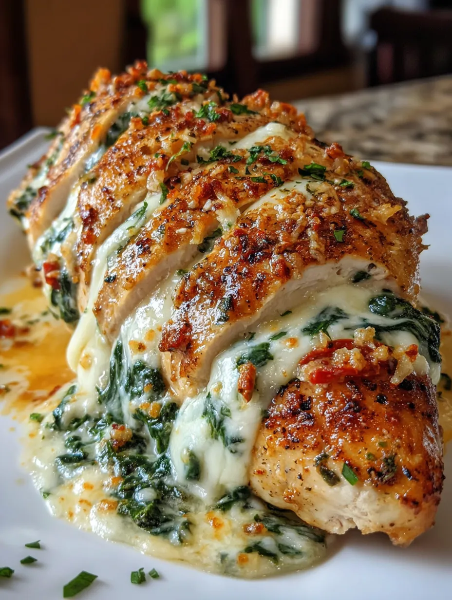 Mozzarella stuffed chicken on a plate.