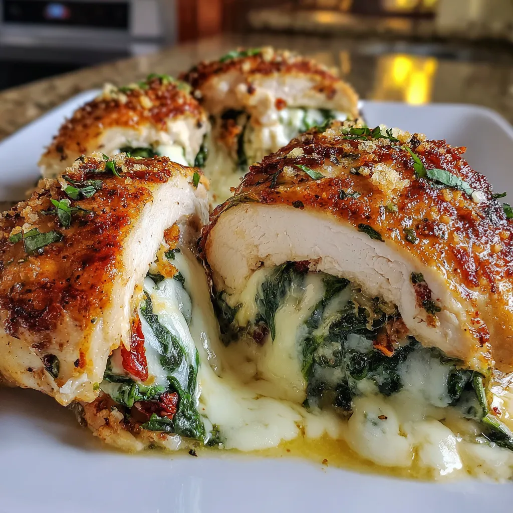 Mozzarella stuffed chicken on a plate.