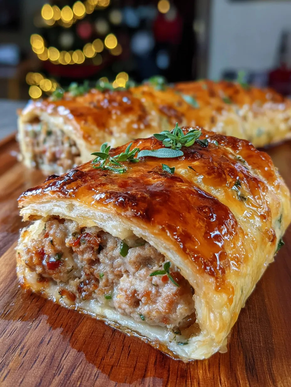 Two sausage rolls on a wooden table.