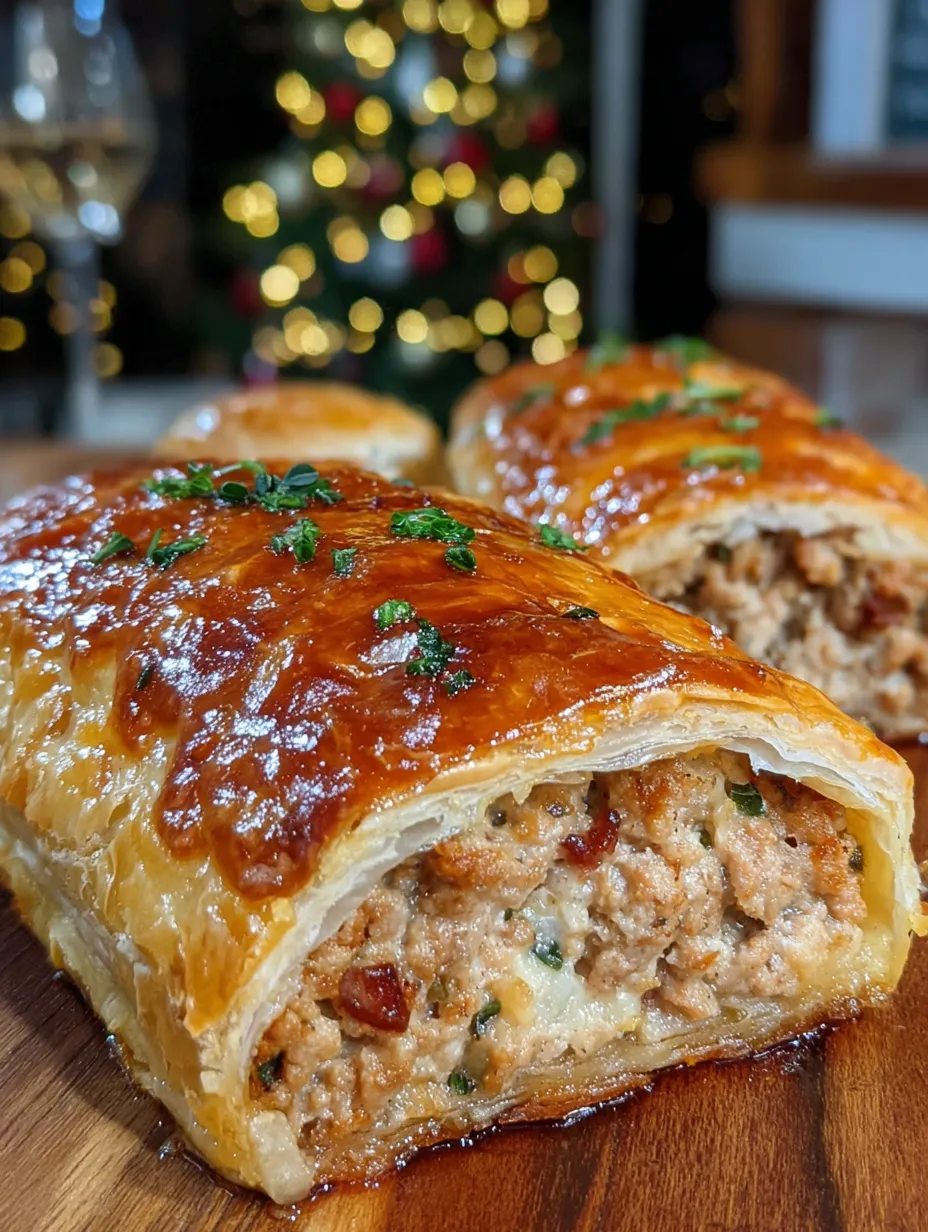 Three sausage rolls on a wooden table.