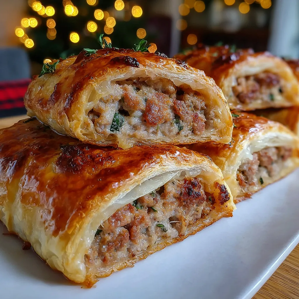 A plate of sausage rolls with green toppings.