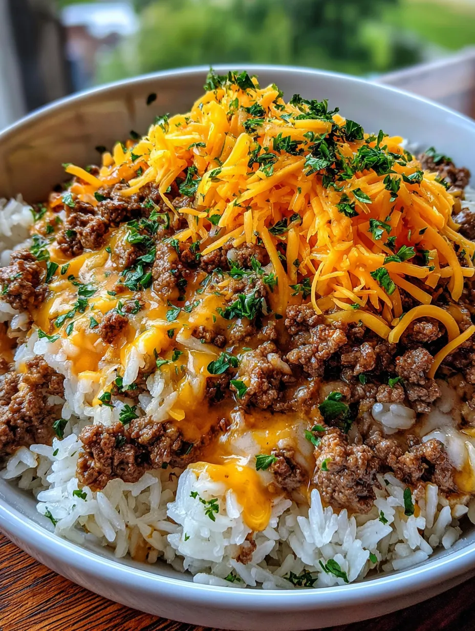 A bowl of rice with beef and cheese.