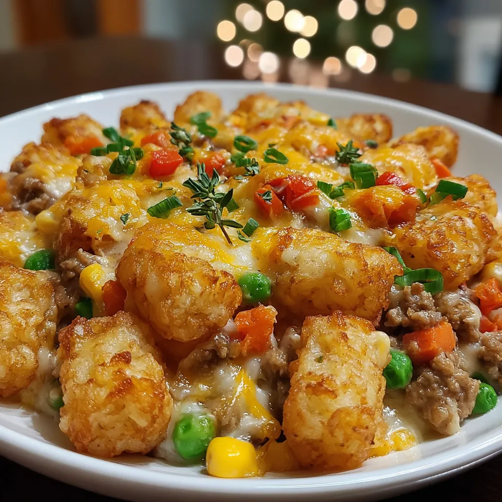 A white bowl filled with a tater tot turkey casserole.