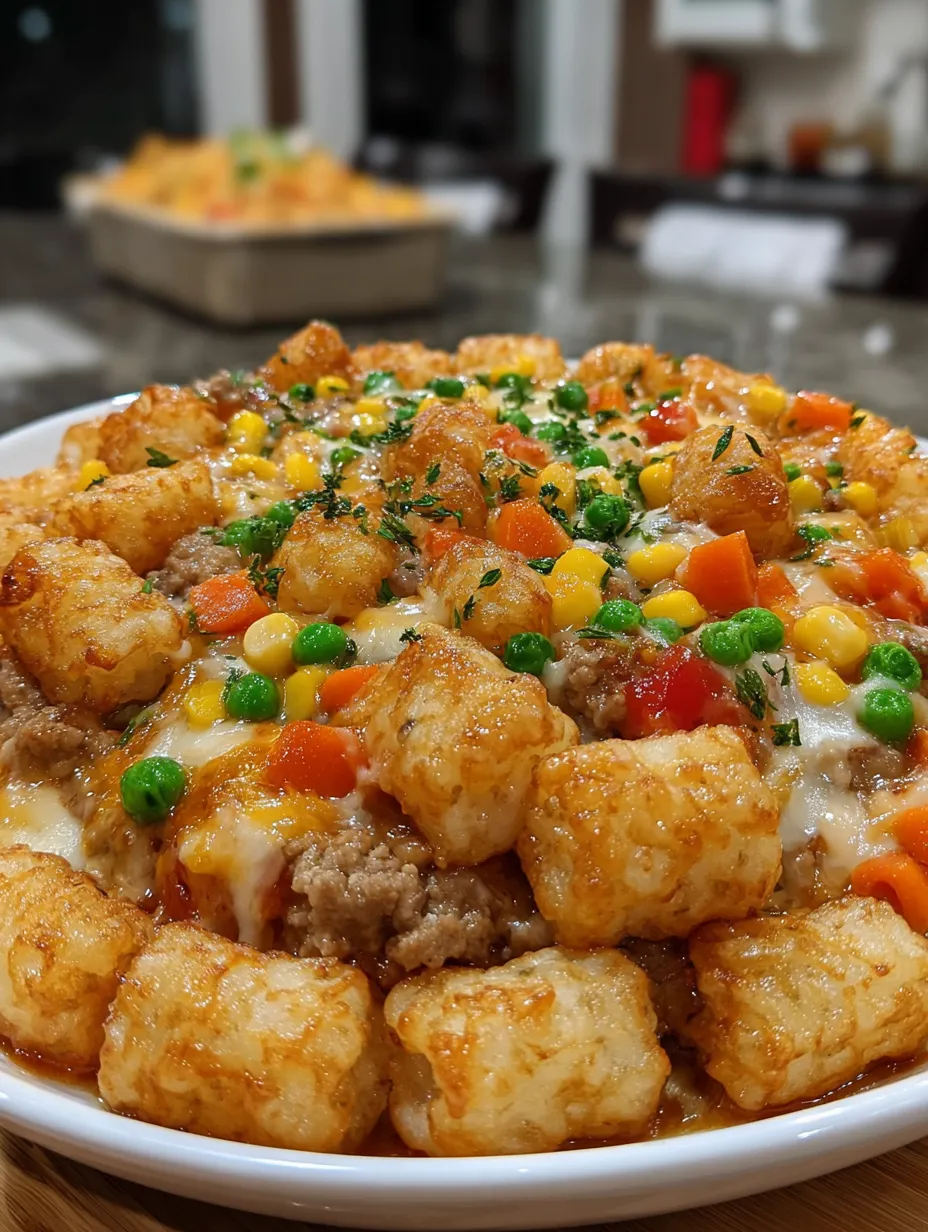 A dish of tater tots with cheese and meat.