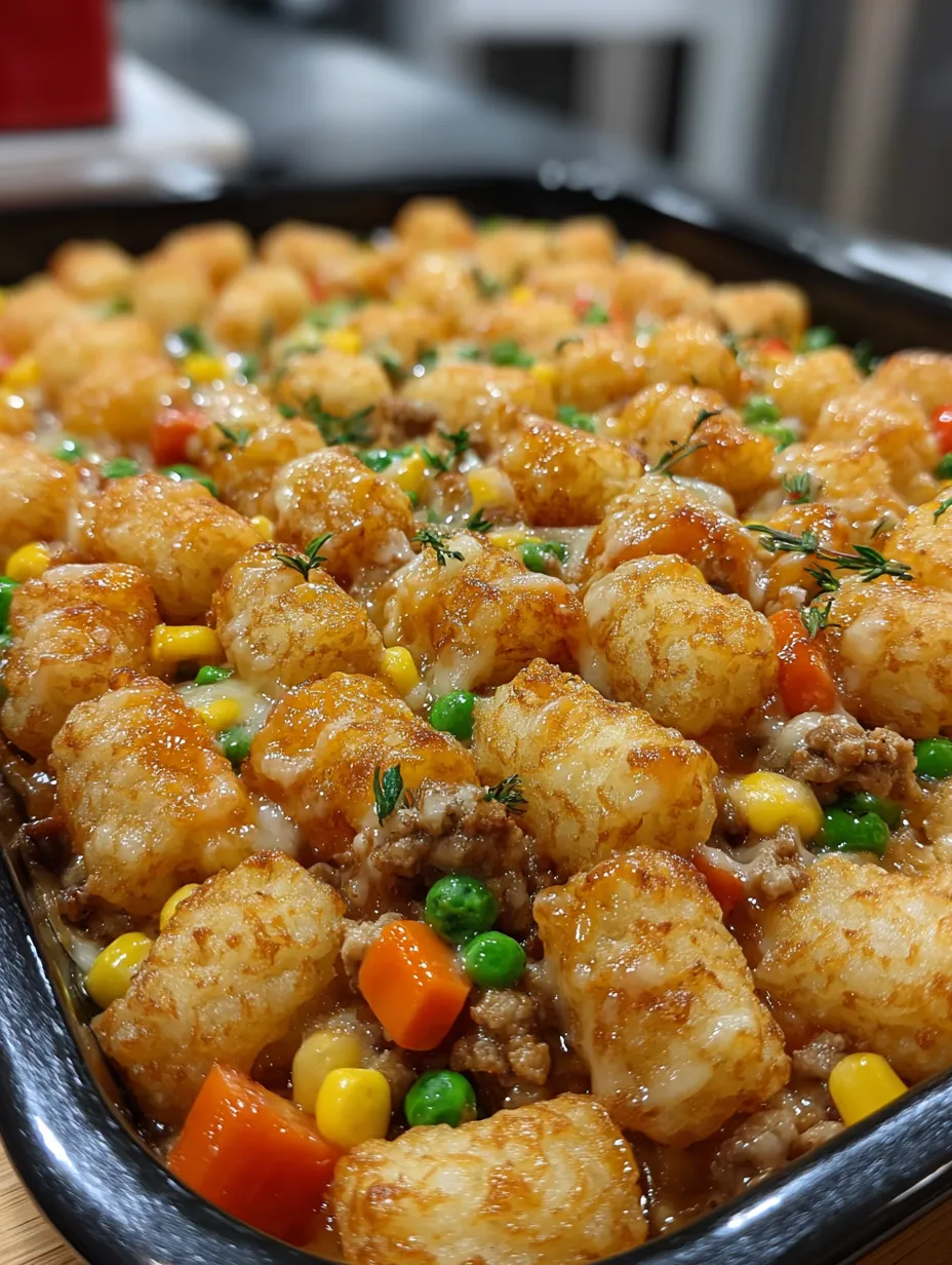 A dish of tater tots with meat and vegetables.
