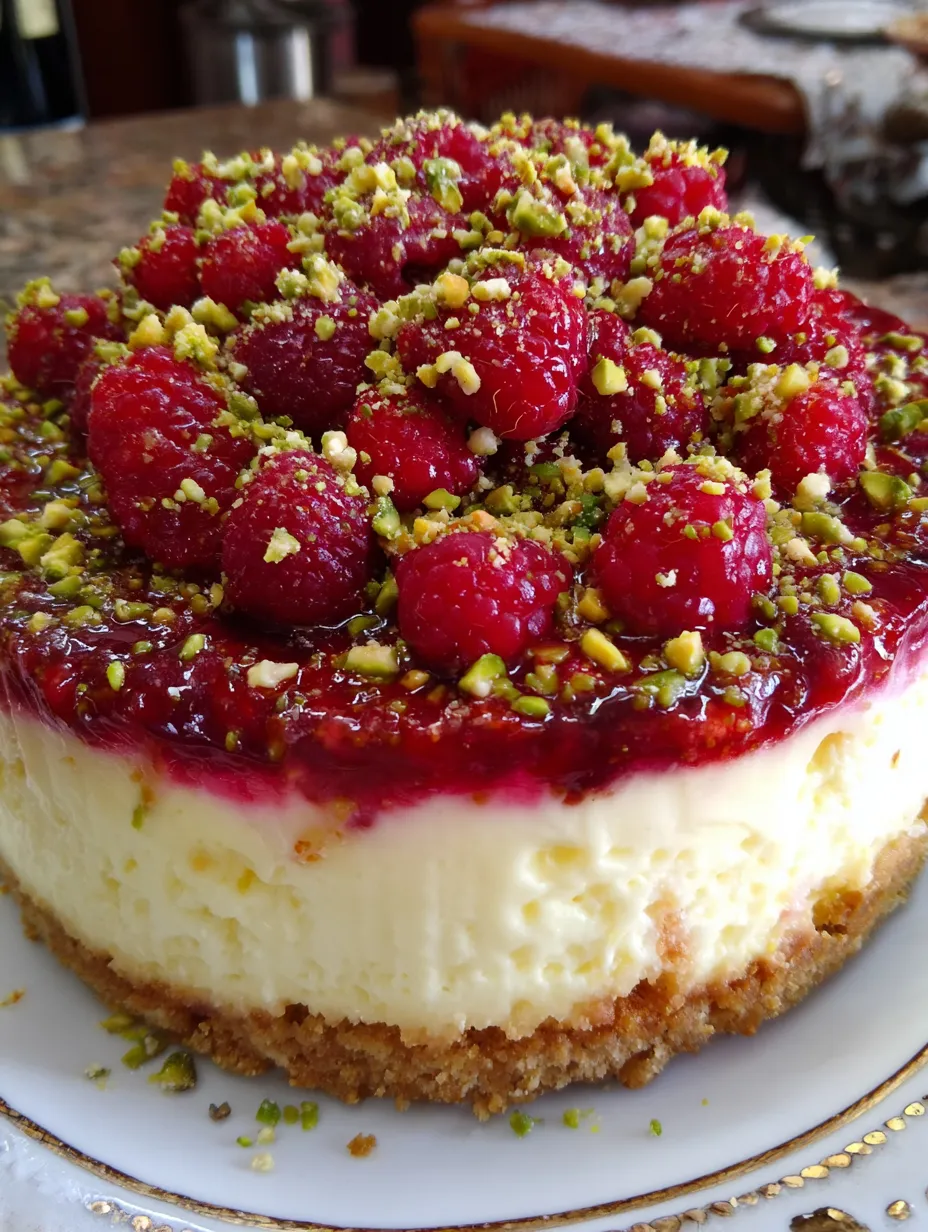 A slice of Raspberry Pistachio Cheesecake Delight.