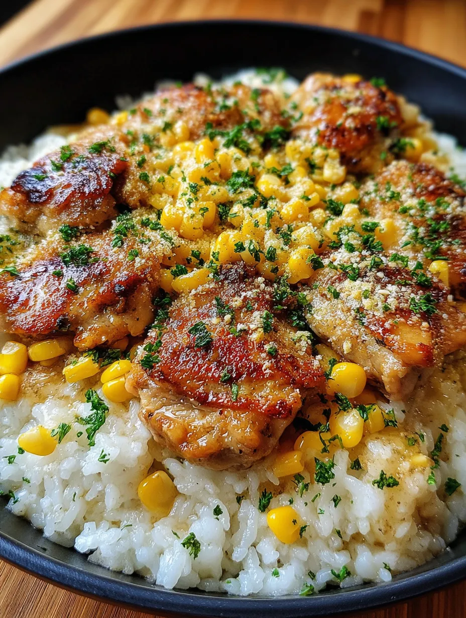 A skillet of chicken and corn with garlic and parmesan rice.