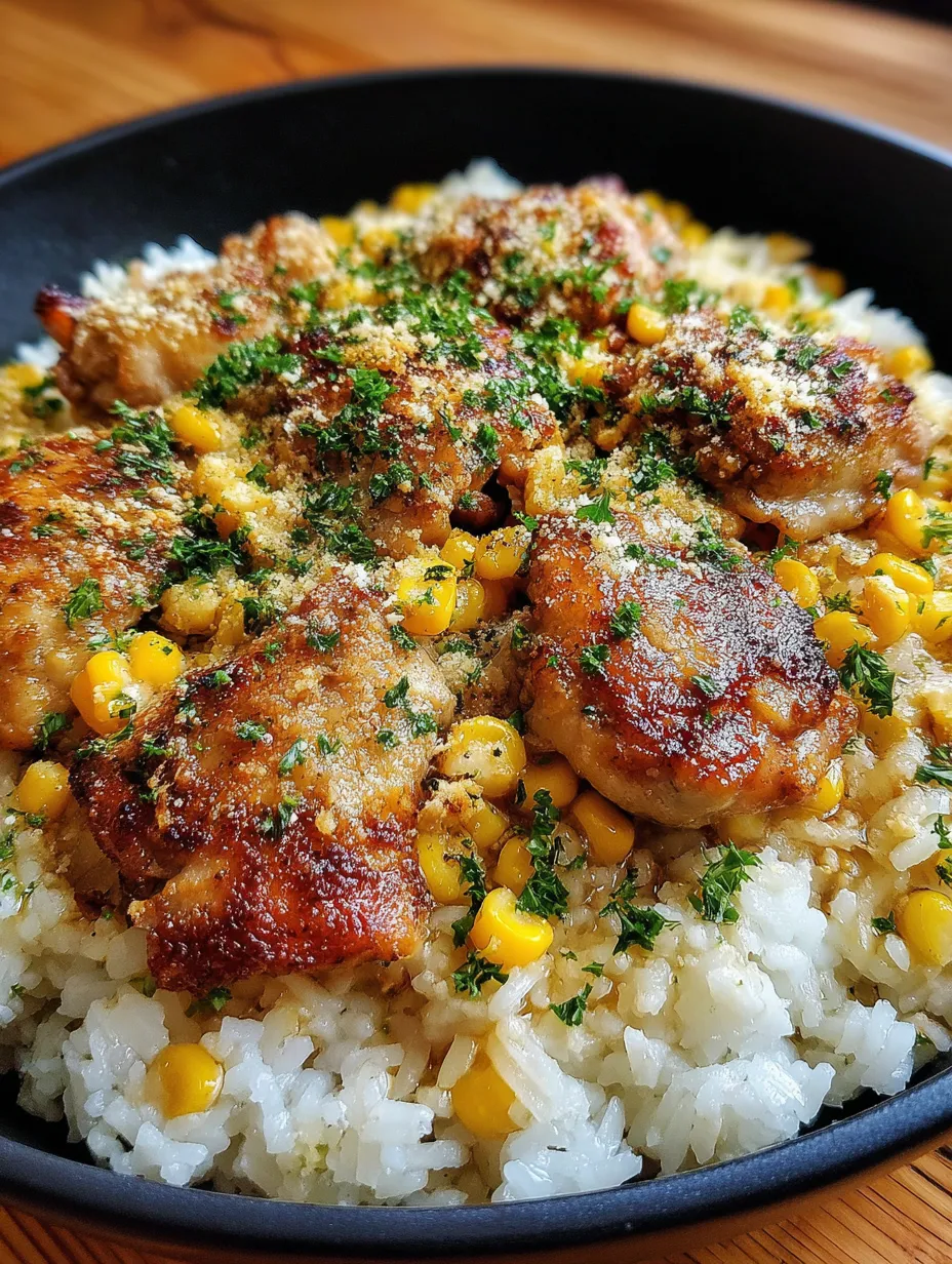 A skillet of chicken and corn with garlic and parmesan rice.