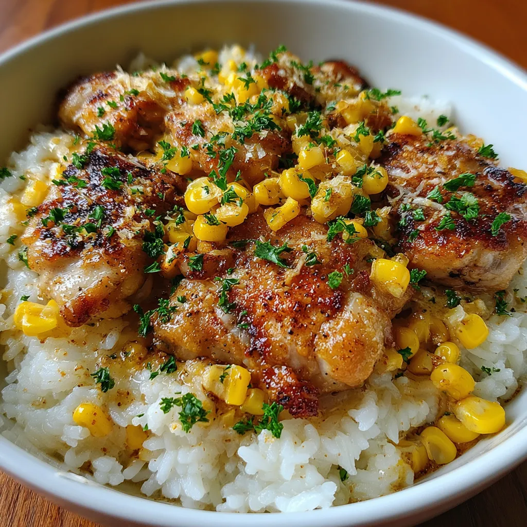 A bowl of chicken and corn skillet with garlic parmesan rice.
