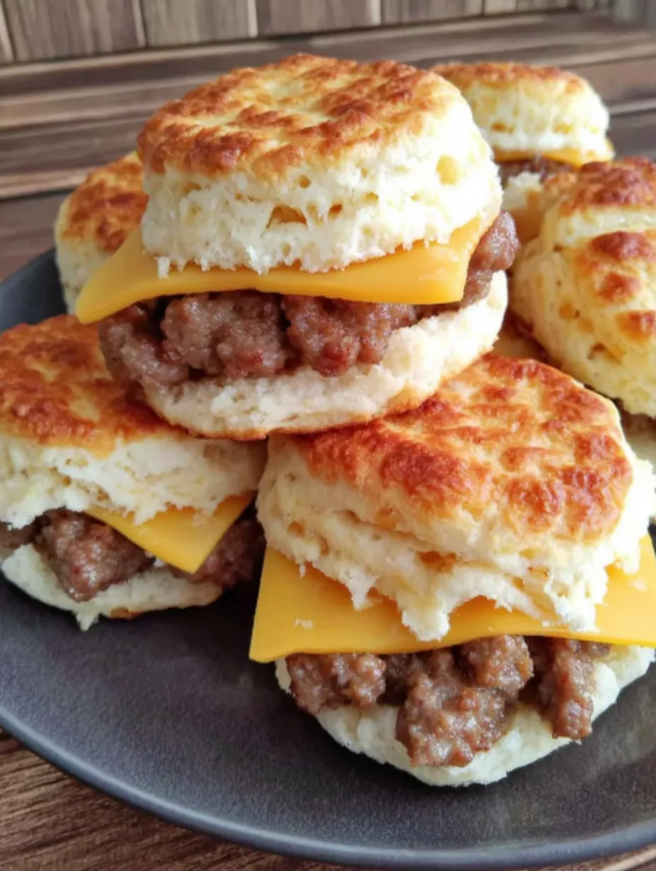 A stack of biscuits with sausage on top.
