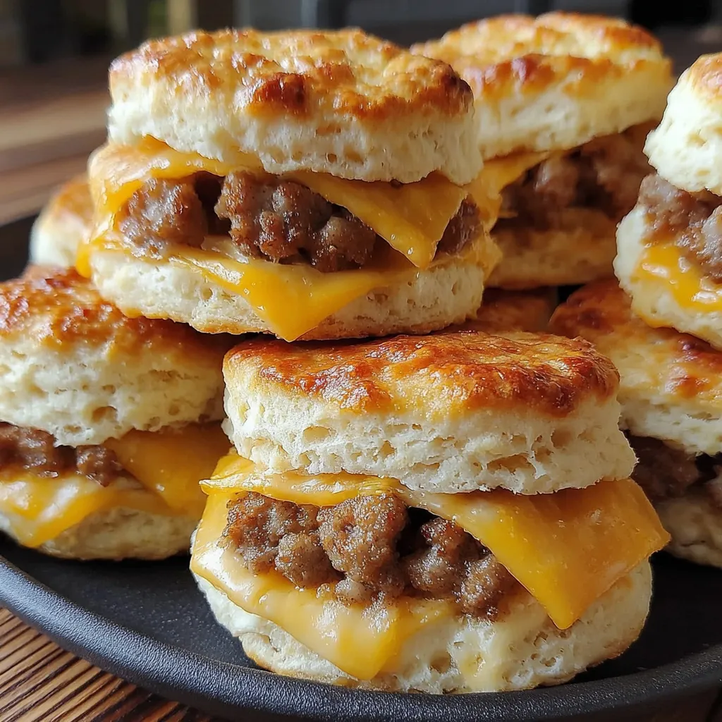 A stack of biscuits with sausage on top.