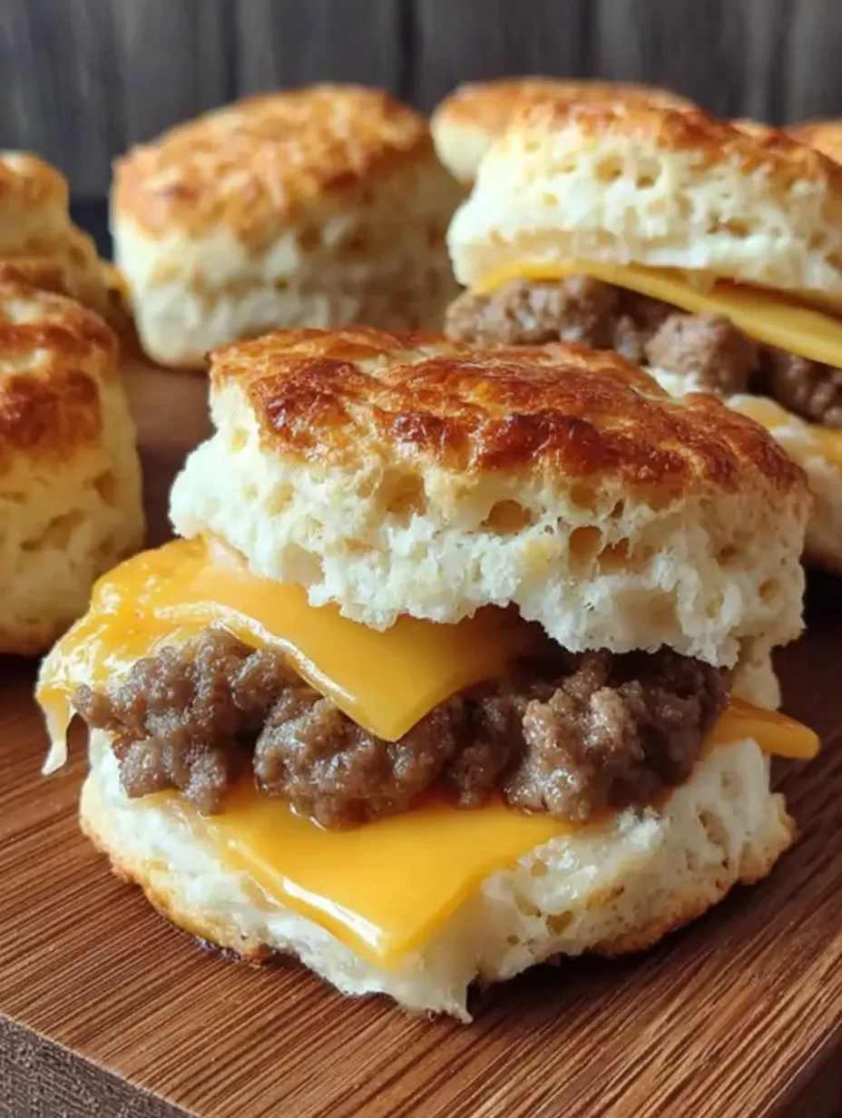 A biscuit with sausage and cheese on top.