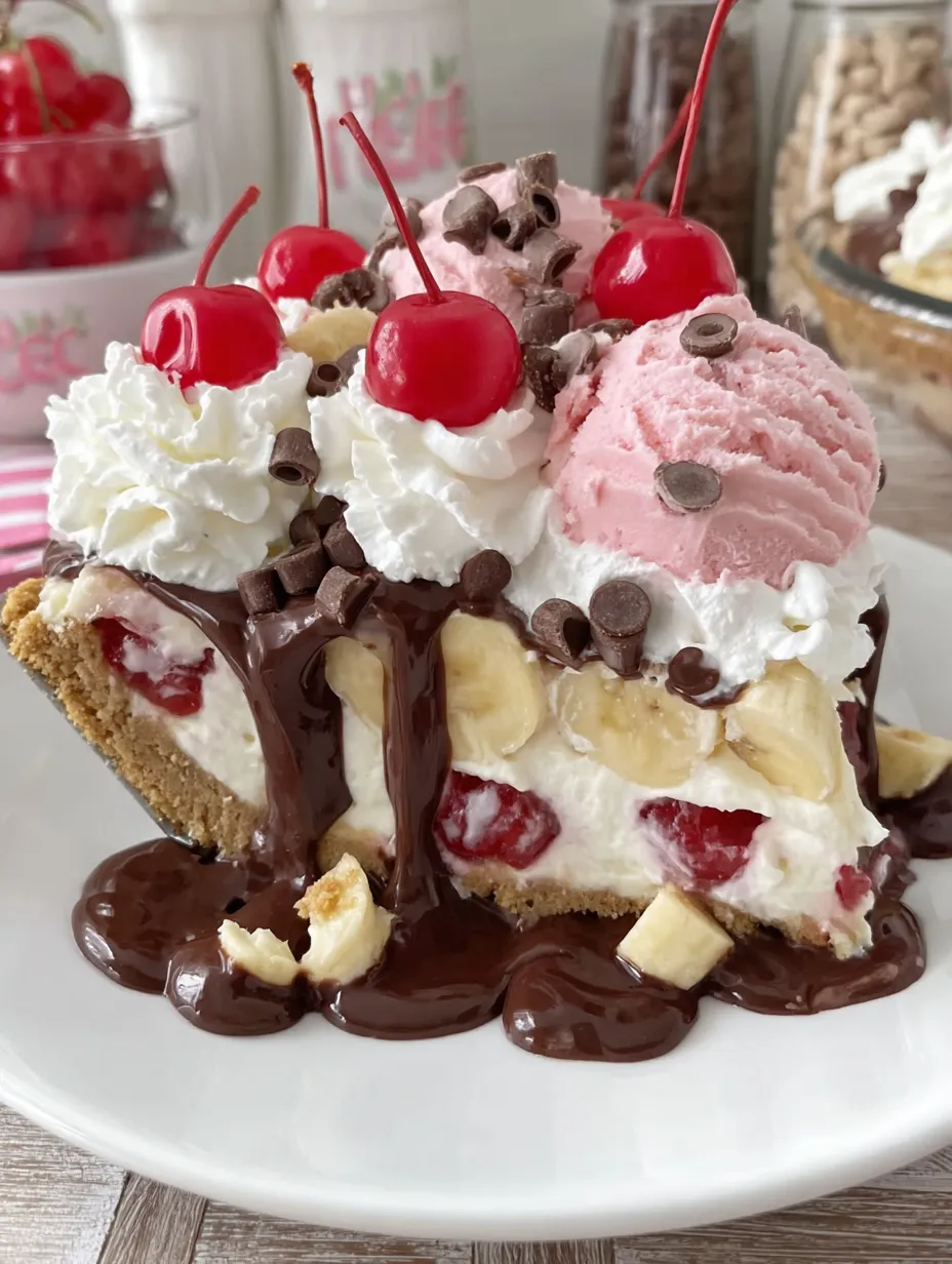 A slice of banana split pie with chocolate and whipped cream.