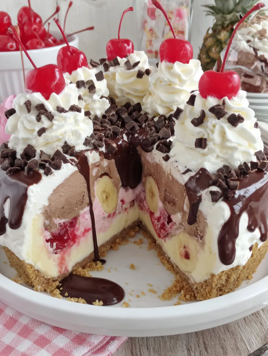 A slice of a banana split no bake pie.
