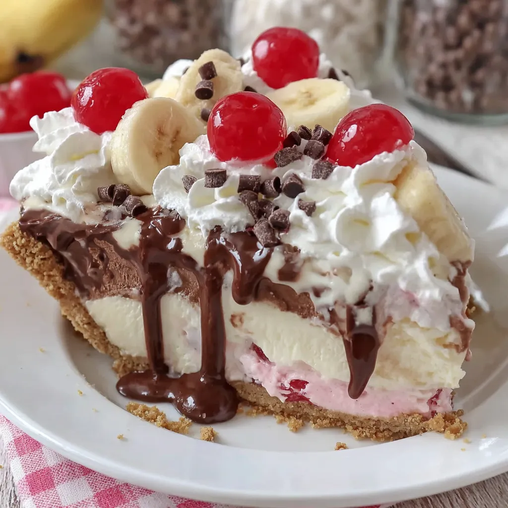 A slice of banana split pie with chocolate and whipped cream.