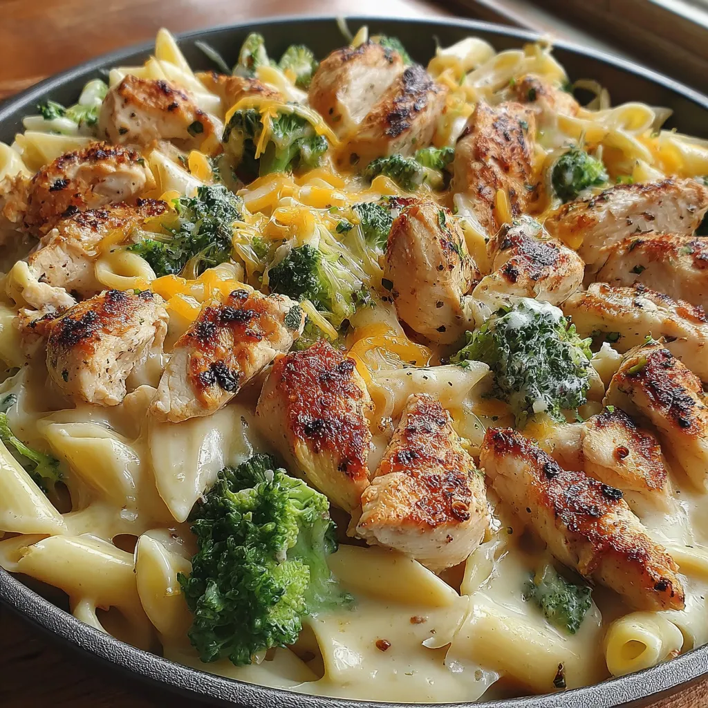 A plate of Cajun Chicken Broccoli Alfredo.