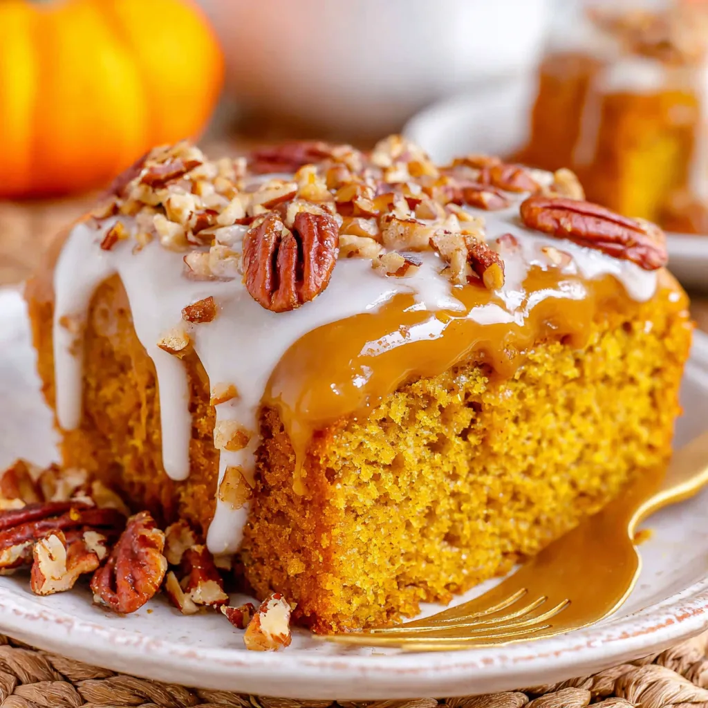 A slice of pumpkin snack cake with praline topping.