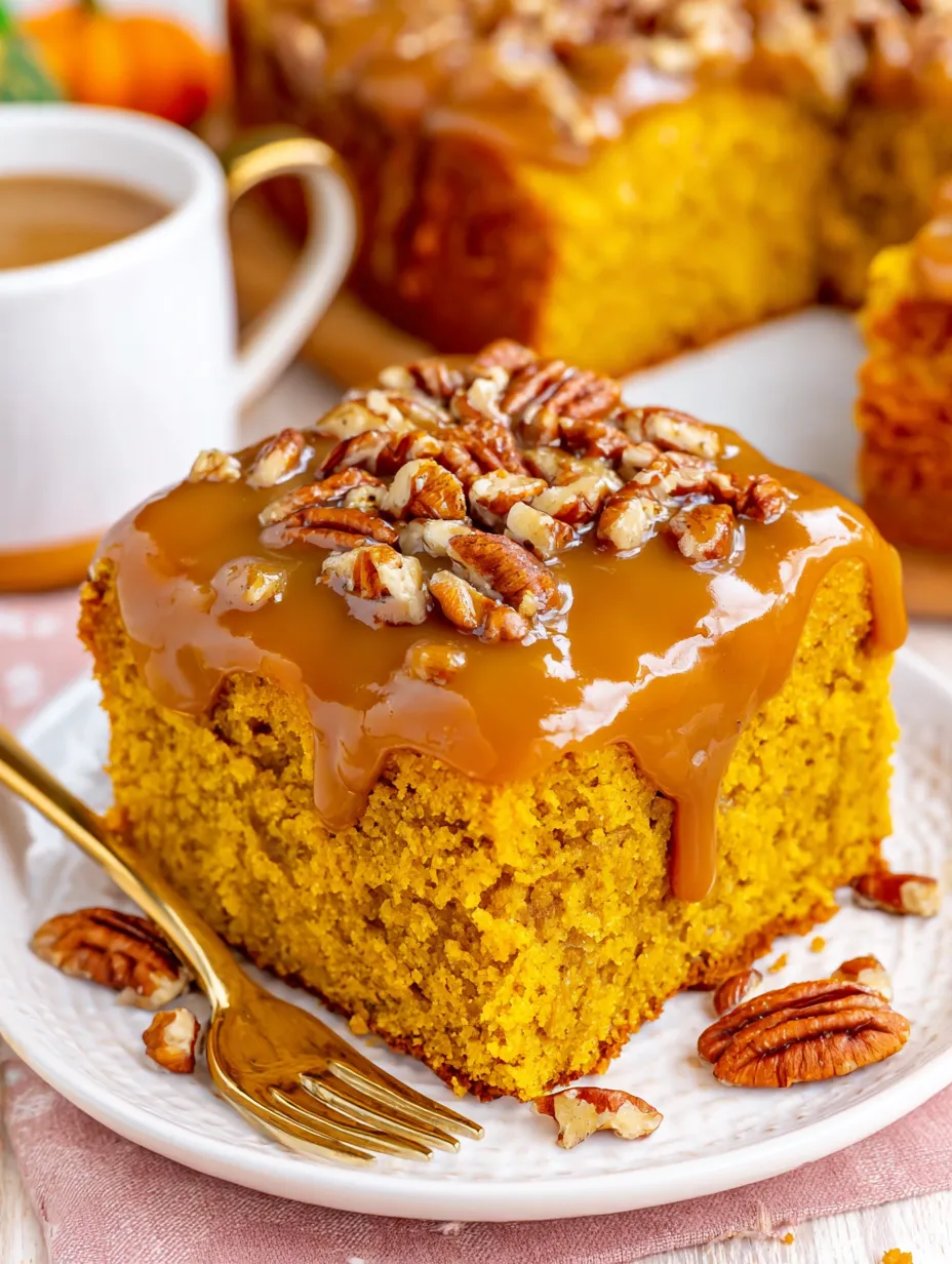 A slice of pumpkin snack cake praline with a fork on a plate.