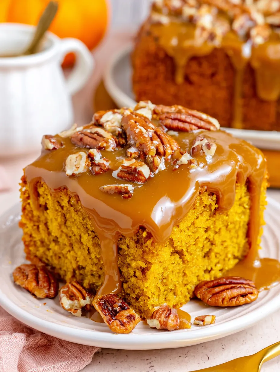 A slice of pumpkin snack cake with praline topping.