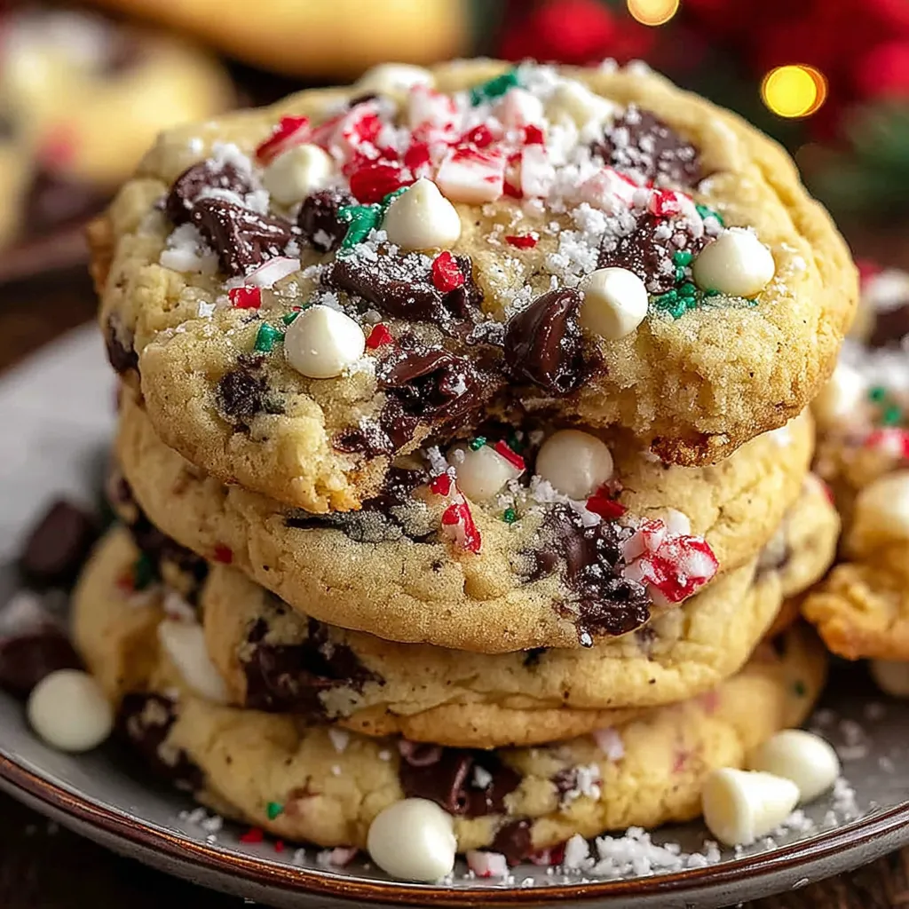 A stack of chocolate chip cookies with white icing and red and green sprinkles.