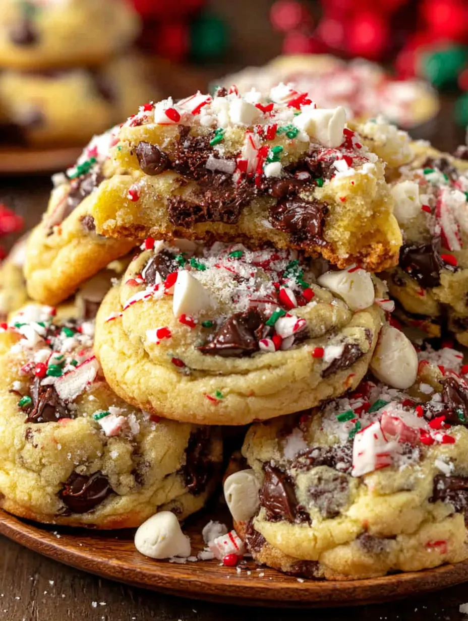 A stack of chocolate chip cookies with white and red sprinkles.