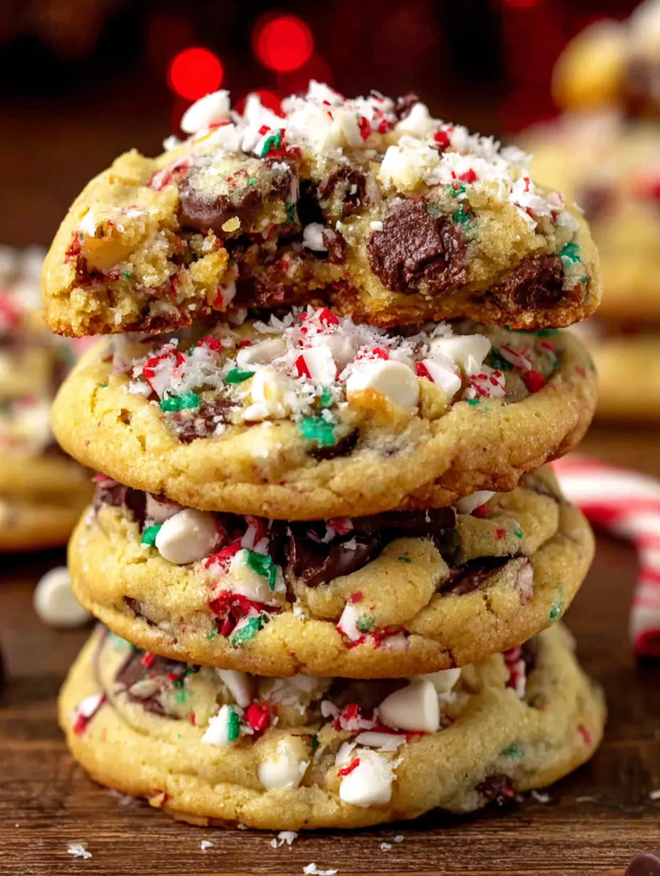 Three stacked chocolate chip cookies with white and red sprinkles.