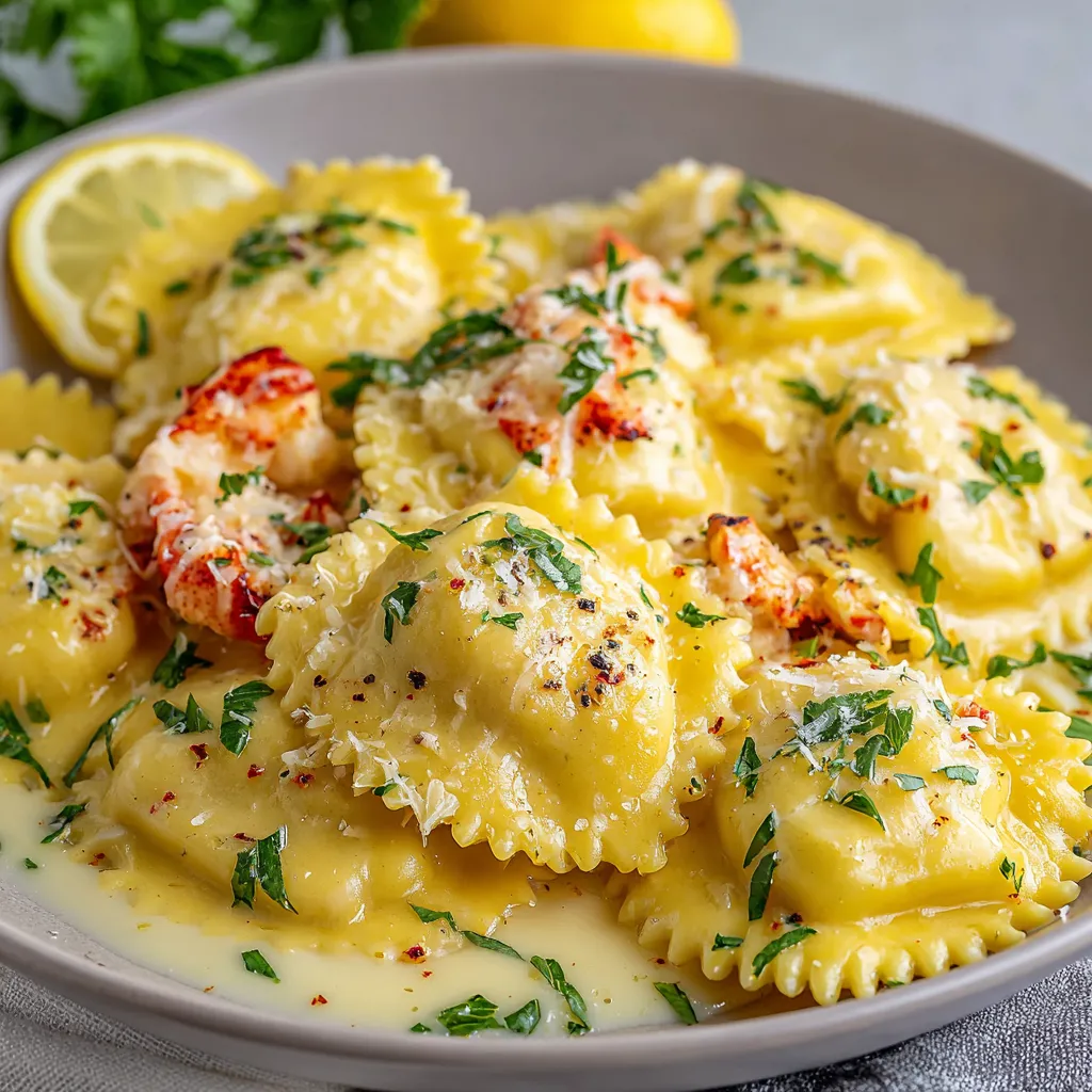 A bowl of lobster ravioli with lemon butter sauce.