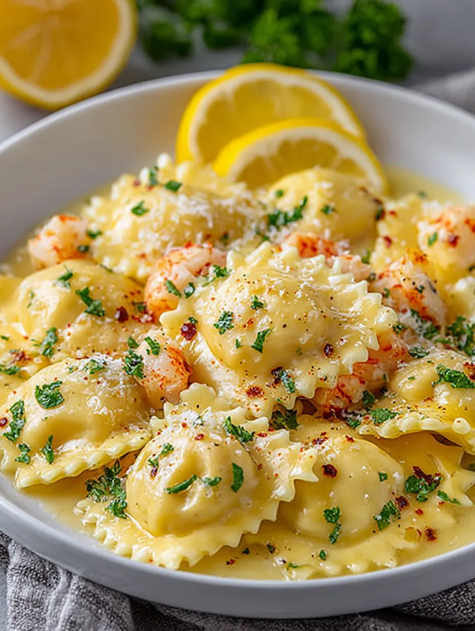 A bowl of lobster ravioli with lemon butter sauce.