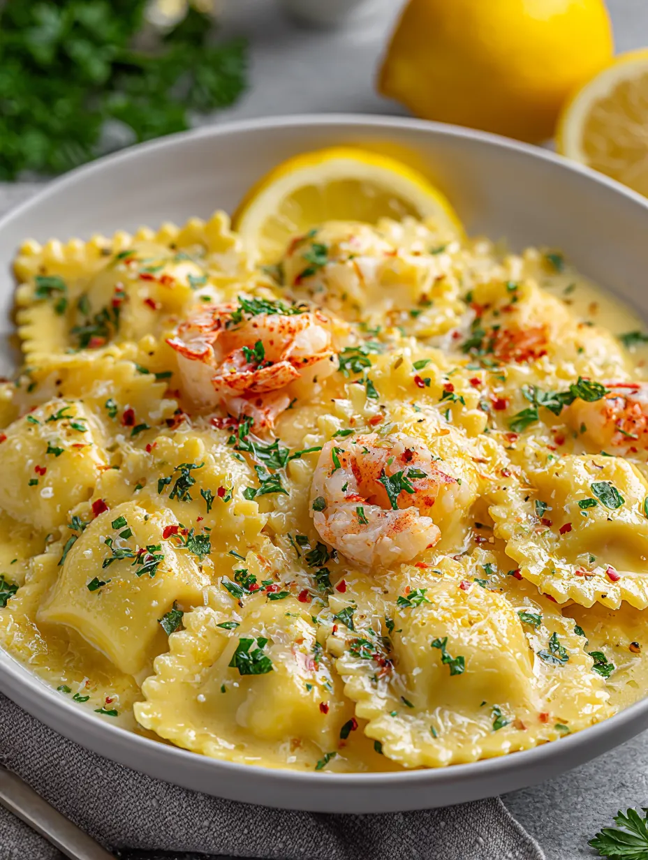 A bowl of lobster ravioli with lemon butter sauce.