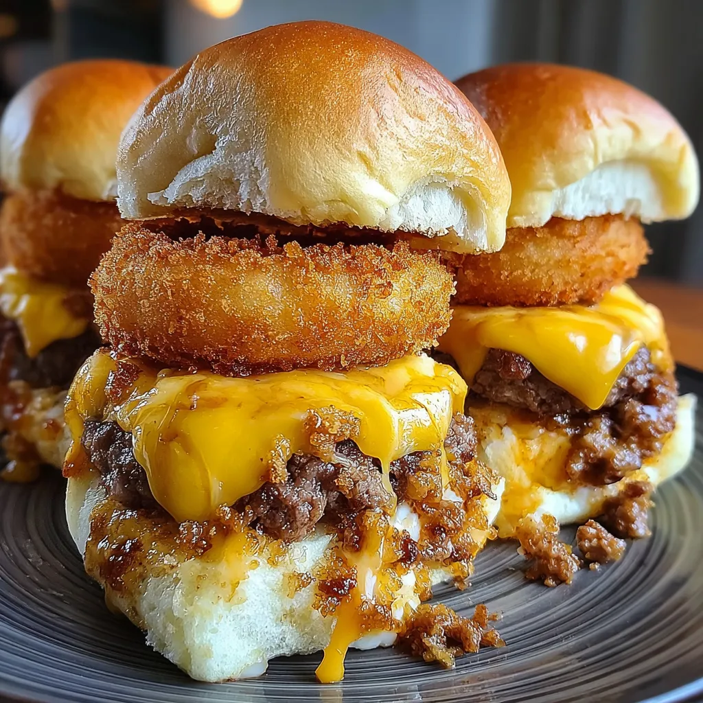 A cheeseburger with onion rings on top.