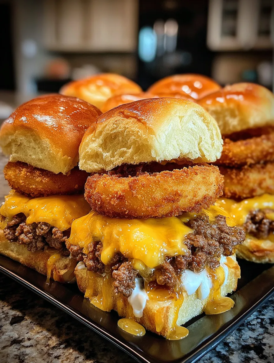 A plate of onion ring cheeseburger sliders.